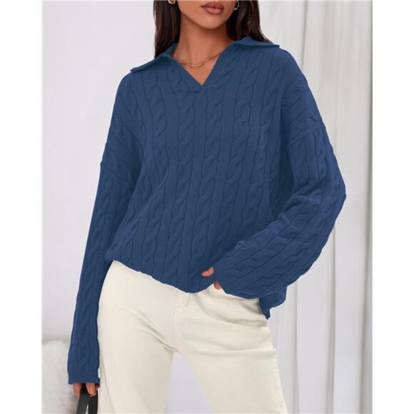 Oversized V-Neck Cable Knit Sweater | Cozy Long Sleeve Pullover Fall & Winter - Picture 2 of 6
